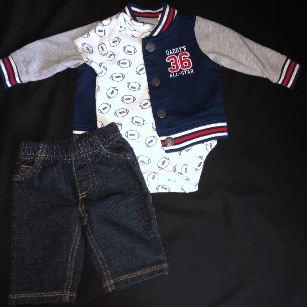 Varsity Jacket, Football-Print Bodysuit and Denim Pants Set